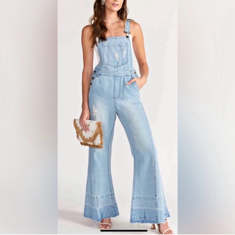 NWT Aaron and Amber Light Blue Denim Overalls Wide Leg size: Large